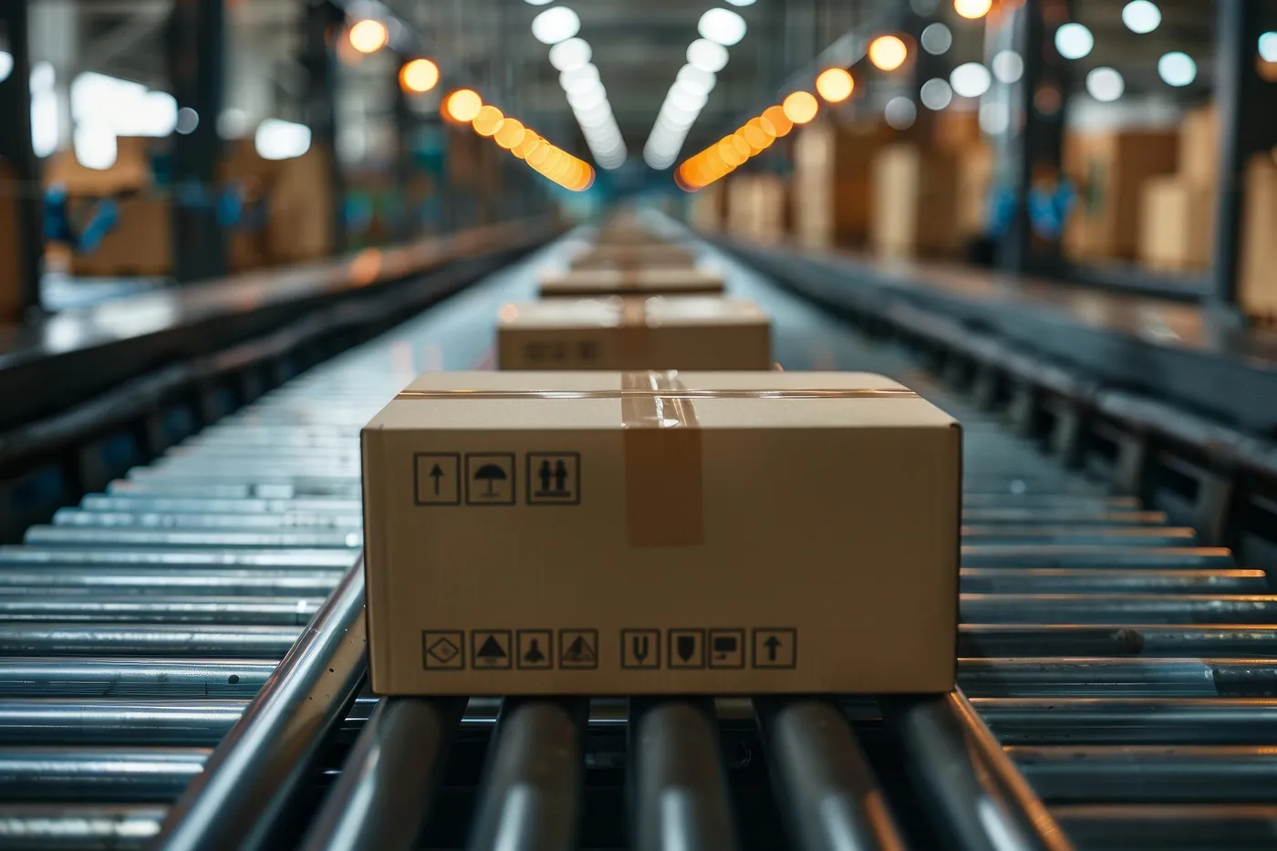 Ingepakt pakket op een transportband in een distributiecentrum